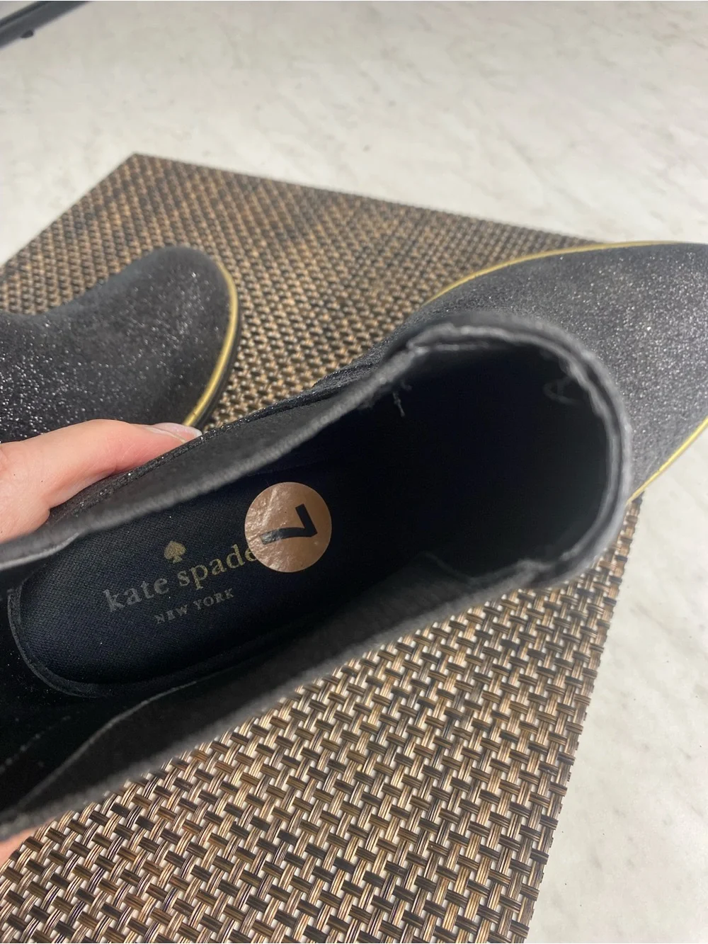 Kate Spade Sedgwick Chelsea Glitter Rain Boots Sz 7 Black Bow Gold Detail NWOB